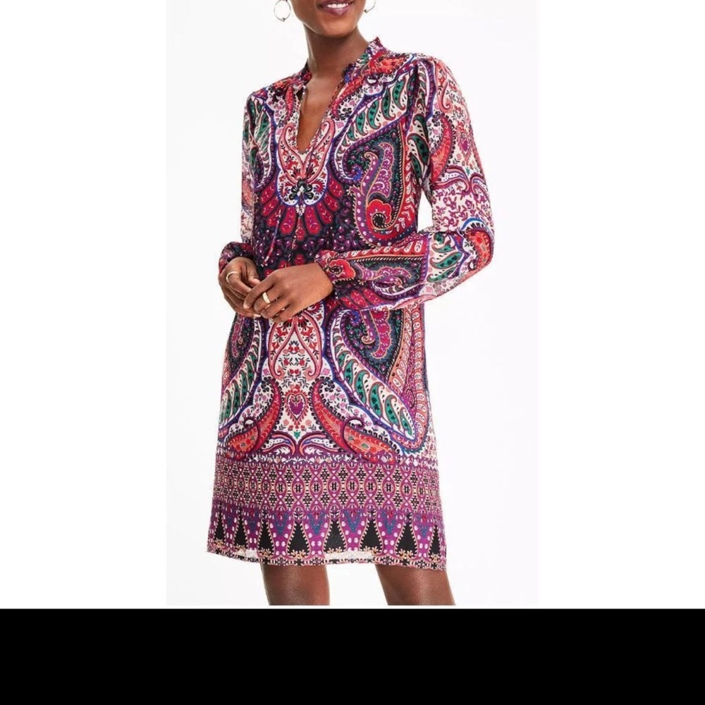 LOFT Pink and Purple Long Sleeve V-Neck Sheath Dress